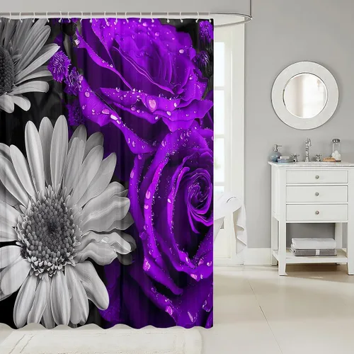 Vista 2 de Cortina de ducha con rosas para niñas, juego de cortinas de ducha con rosas 3D, cortinas de baño impermeables con diseño de margaritas rústicas