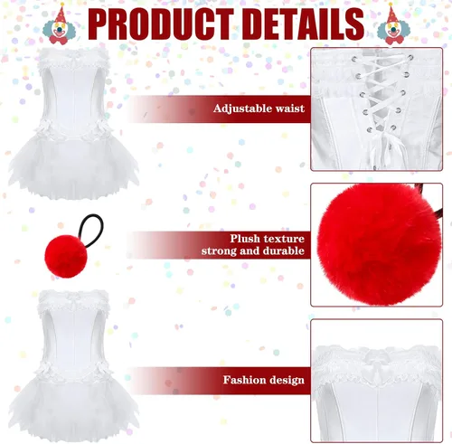 Vista 6 de Hercicy 6 piezas de disfraz de payaso de Halloween, incluye corsé, falda tutú, alfiler de tanga y cuerda de pelo rojo para mujeres adultas