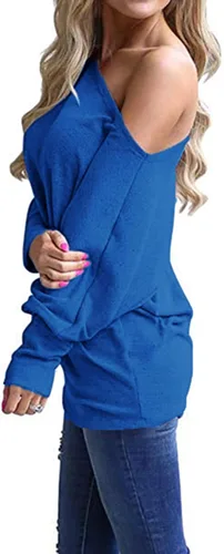 Vista 2 de Poetsky Women's Long Sleeve Off Shoulder Tunic Tops Loose Casual Oversized Shirts Blouse