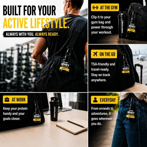 Vista 9 de OnMyWhey - Llavero de embudo de proteína en polvo y suplemento, contenedor portátil para el gimnasio, entrenamientos, fitness y viajes - Aprobado