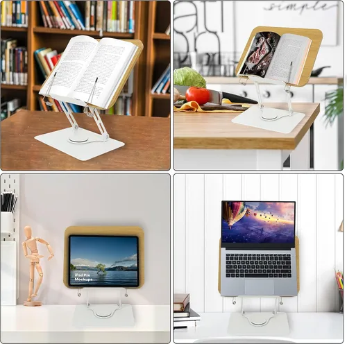 Vista 6 de Soporte de libro para lectura, soporte de libro con base giratoria de 360° para leer manos libres, soporte de libro de cocina, soporte de base