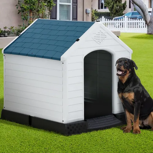 Vista 11 de Casa para perros para interiores y exteriores, impermeable, ventilada, de plástico, jaula de refugio para mascotas con ventilación y suelo elevado