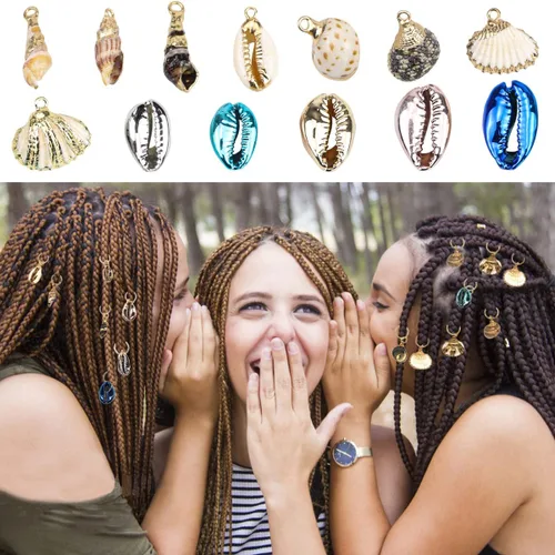 Vista 4 de FERCAISH Accesorios trenzados para el cabello, 13 piezas de diferentes conchas de coleta, joyería para el cabello, colgantes de esmalte de concha