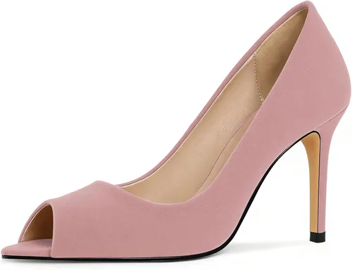 Vista 17 de Eldof Zapatos de tacón alto con punta abierta para mujer, con puntera abierta, para boda, sexy, para novia, clásicos, de 3.5 pulgadas Beige