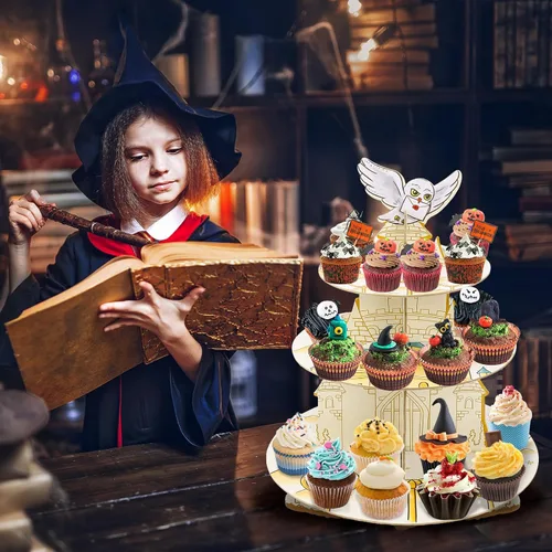 Vista 6 de Soporte mágico para cupcakes de 3 niveles, soporte de mago de cumpleaños y fiesta de Halloween, regalo para amantes de la magia