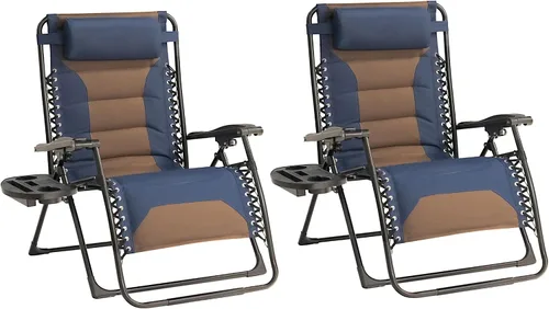 Vista 22 de Zero Gravity - Juego de 2 sillas reclinables plegables de gran tamaño, acolchadas antigravedad con almohada ajustable y portavasos para campamento