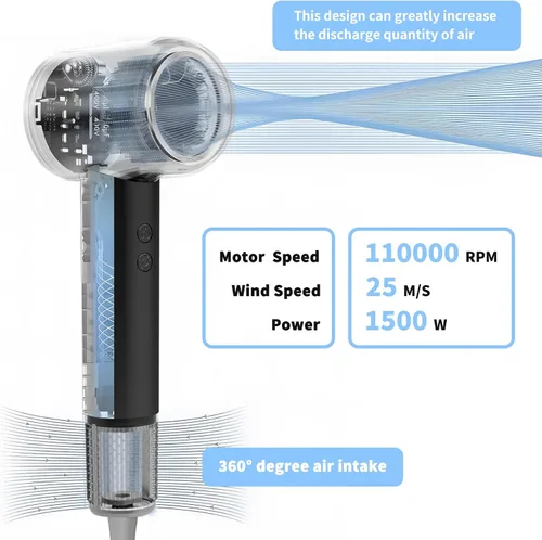 Vista 3 de Secador de pelo para mujer: motor de 110,000 RPM para secado ultrarrápido, 3 temperaturas y 2 ajustes de velocidad, diseño ligero con boquilla
