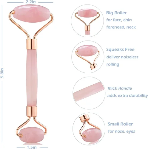 Vista 5 de Rodillo de jade para la cara - Rodillo facial de cuarzo rosa para el cuidado de la piel - Rodillo facial de piedra, masajeador facial para mujeres
