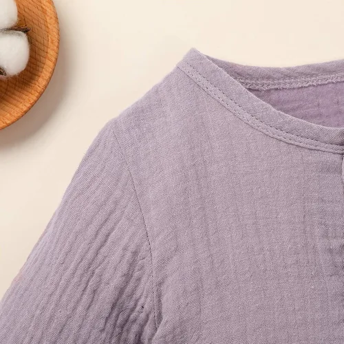 Vista 4 de Ropa de bebé con bolsillos, trajes de algodón para niña, mameluco de lino para niñas (morado, 3-6 meses)