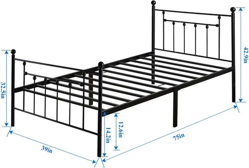 Vista 2 de VECELO - Base de cama de tamaño individual, base de colchón con plataforma de metal, repuesto con cabecero estilo victoriano Mate negro