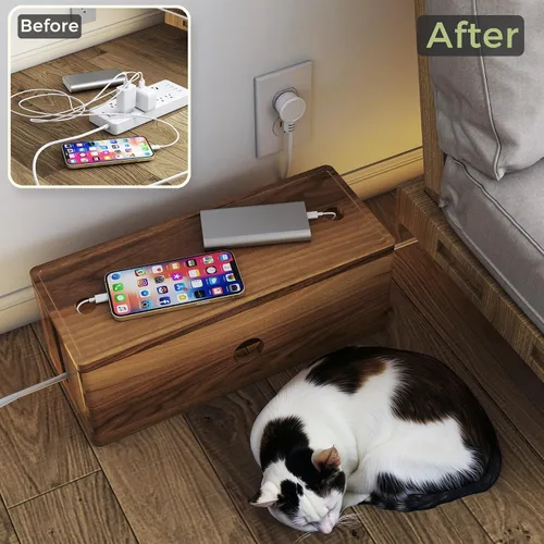 Vista 4 de Caja grande de madera de acacia para cables de alimentación, corrector de cable de perfil bajo para cables de piso y cables de extensión, protector