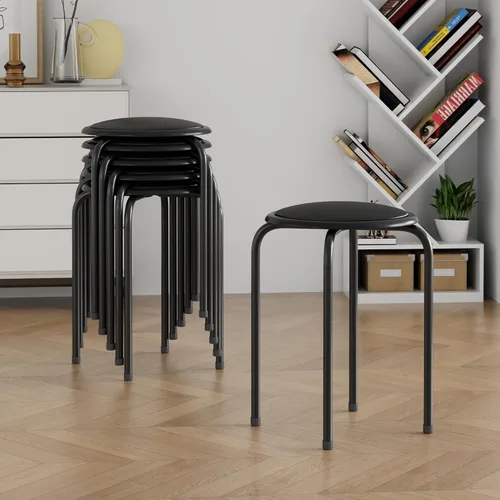 Vista 4 de VECELO Taburetes apilables de 6 piezas, altura estándar de 17 pulgadas, asiento acolchado y patas de acero, taburetes decorativos apilables Negro