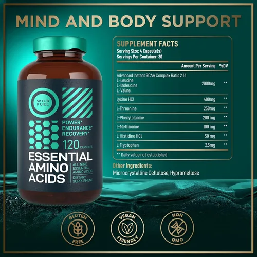 Vista 4 de Suplemento de aminoácidos esenciales – Los 9 EAA con aminoácidos BCAA (leucina, lisina, valina, treonina) – 3,000 mg por porción – Crecimiento