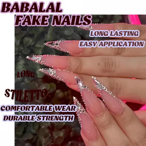 Vista 5 de BABALAL Uñas postizas largas a presión de estilo stiletto, uñas postizas francesas de lujo, con pegamento, diseño de diamantes de imitación