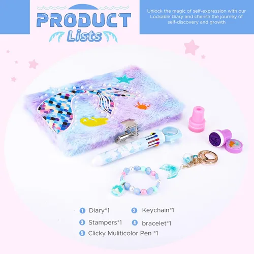 Vista 2 de homicozy Diario de sirena para niñas con cerradura y llaves, diario esponjoso tie-dye para niños con 160 páginas rayadas, cuaderno secreto mullido