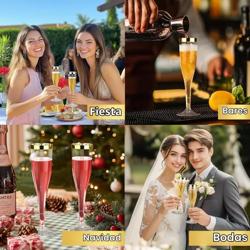 Vista 8 de Goodluck Paquete de 36 copas de champán transparentes de plástico de 6.5 onzas con borde dorado, vasos desechables de champán para brindis de boda