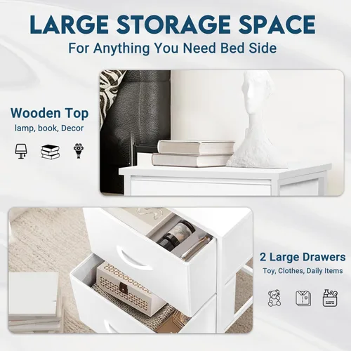 Vista 6 de LOFTEY Mesita de noche blanca, mesita de noche con 2 cajones de tela, mesita de noche para niños pequeños para dormitorio, mesa auxiliar de cama