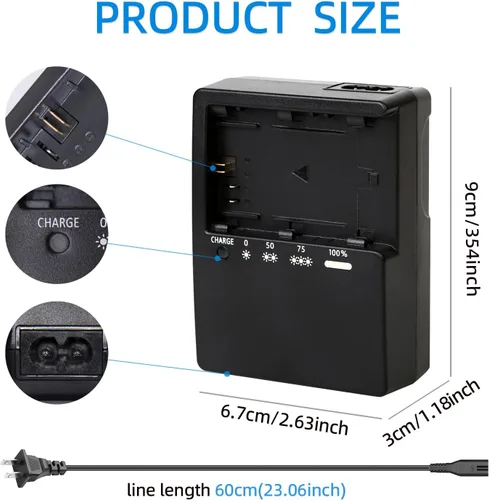 Vista 3 de Cargador LP-E6 para LC-E6 LC-E6E LC-E6N LP-E6NH Batería Compatible con Canon EOS R5 R6 6D 7D 5D 5DS 5DS R 60D 60DA 70D 80D 5D Mark III 90D Mark II