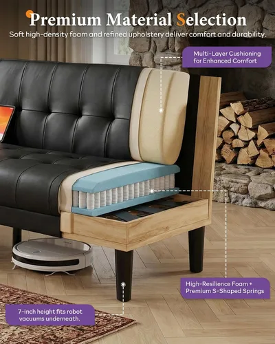 Vista 3 de TYBOATLE Sofá Loveseat de 62" de ancho con 2 puertos de carga USB y 2 portavasos, asiento de amor pequeño capitoné de cuero sintético negro