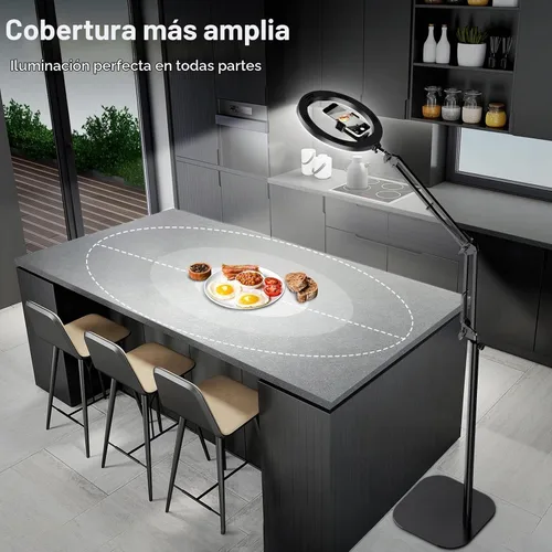 Vista 6 de Anillo de luz con trípode para iPhone, soporte de cámara de teléfono superior con luz y soporte para teléfono para grabación, luz selfie de 10
