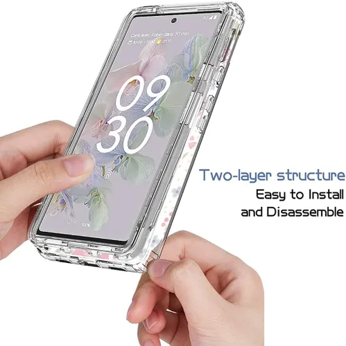 Vista 4 de Funda para Google Pixel 6A, funda GX7AS con protector de pantalla de vidrio templado, cuerpo completo transparente floral TPU delgado funda