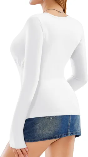 Vista 2 de MANGOPOP Camiseta de manga larga con cuello en V profundo y fruncido para mujer