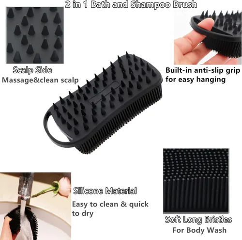 Vista 2 de Paquete de 2 exfoliantes corporales de silicona de doble cara para exfoliación, ducha y masaje del cuero cabelludo, cepillo 2 en 1 para baño