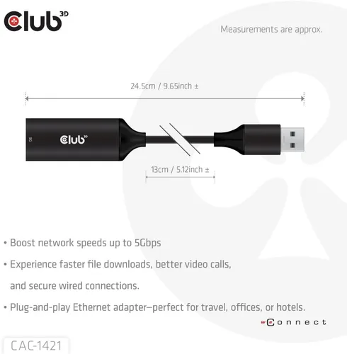 Vista 4 de Club 3D CAC-1421 USB 5Gbps Tipo-A a RJ45 Ethernet Adaptador M/F