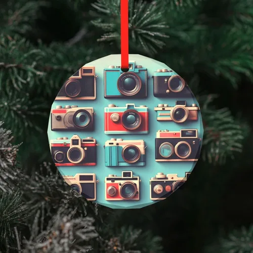 Vista 2 de Retro Cool Camera Collection Print Traditional Check Holiday Ornaments,Round Festive Decor,Hanging Pendant for Christmas Tree