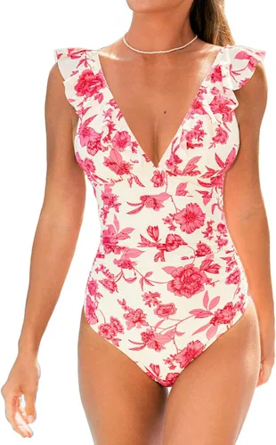 Vista 10 de CUPSHE Traje de baño de una pieza para mujer, con cuello en V, fruncido y Negro