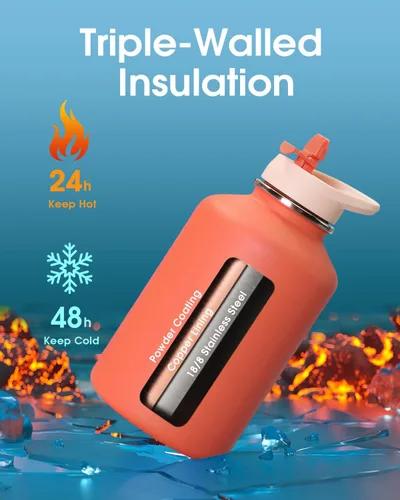 Vista 2 de Coolflask Botella de agua de 64 onzas aislada con funda de cuero PU, botella de agua de medio galón con contraste de color y tapa con popote, jarra