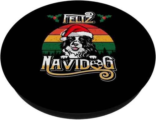 Vista 2 de Feliz Navidog Border Collie Dog Santa Hat Funny Christmas PopSockets Standard PopGrip