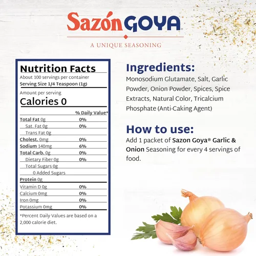 Vista 2 de Goya Sazon Ajo Y Cebolla 3.5 oz Latin Spice Blend for Poultry, Seafood, Meat and Vegetables, All Purpose Mexican Seasoning, 3.52oz Carton, Quality