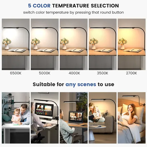 Vista 3 de MYPLUS Lámpara LED de escritorio con abrazadera, control de onda manual, 5 colores y 10 niveles regulables, lámpara LED con clip, luces de mesa