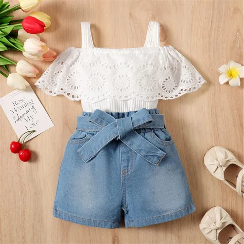 Vista 7 de PATPAT Bebé Niña 100% Algodón Denim Shorts Corazón Impreso Blanco Manga Corta Top Con Diadema Conjunto 3 Meses-3 Años