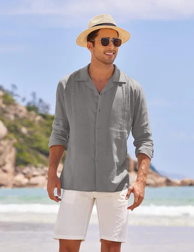 Vista 4 de COOFANDY Mens Linen Shirt Casual Cuban Guayabera Long Sleeve Button Down Beach Shirts