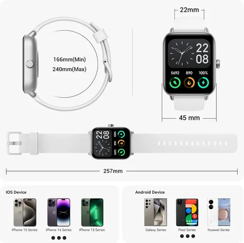 Vista 8 de Relojes inteligentes para hombres, pantalla HD de 1.85 pulgadas, compatible con iPhone/Android (responder/hacer llamadas), más de 110 modos Blanco