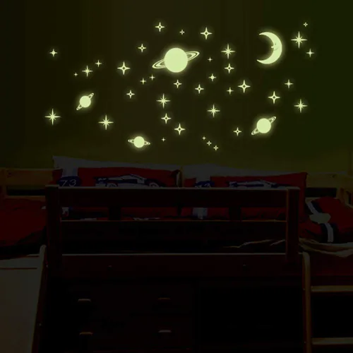 Vista 3 de Adhesivo luminoso para pared de habitación de niños, estrellas y luna que brillan en la oscuridad, adhesivo 3D, autoadhesivo, extraíble