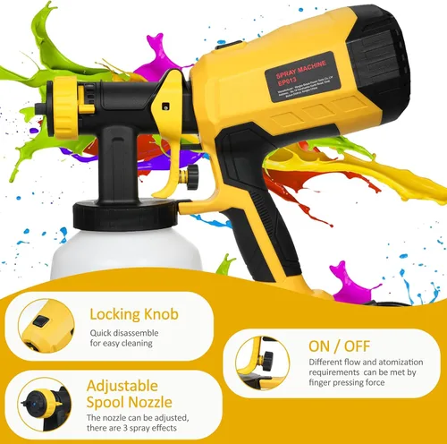 Vista 4 de Pulverizador de pintura de 600 W de alta potencia, 3 boquillas y 3 patrones, botella de 40.6 fl oz, fácil de limpiar, pistola de pulverización HVLP