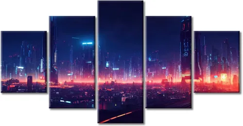 Vista 325 de Cuadros de 5 paneles de Cyberpunk City, arte de pared, representación de vallas publicitarias, edificios modernos en la capital con obras de arte