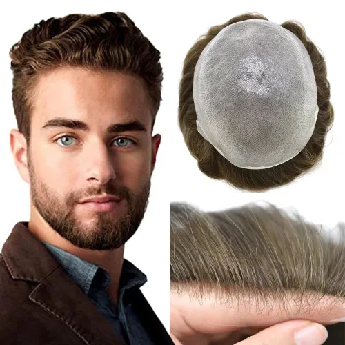 Vista 18 de Cabello humano para hombres, tupé, piezas de cabello humano europeo, todas las piezas de cabello con bucle en V, 0.002 in, piel fina, sistemas