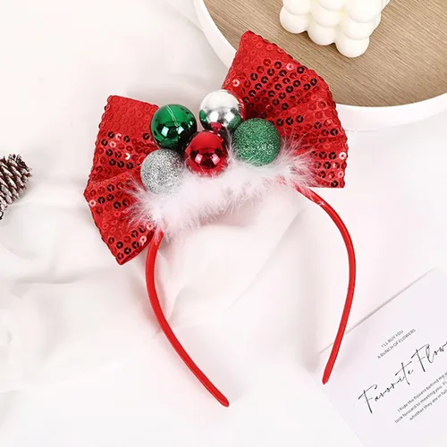Vista 2 de Ecuupas Diadema de Navidad con lazo para el pelo, color rojo, brillante, verde, campana, diseño de tocado para mujeres, niñas, niños, invierno