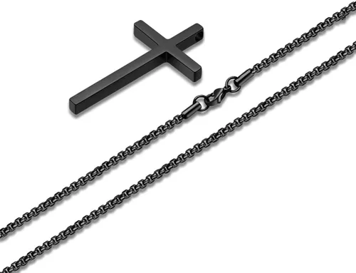 Vista 3 de Ursteel - Collar con dije de cruz de acero inoxidable para hombre, cadena de eslabones cuadrados de 16 a 30 pulgadas, color plateado, negro, dorado