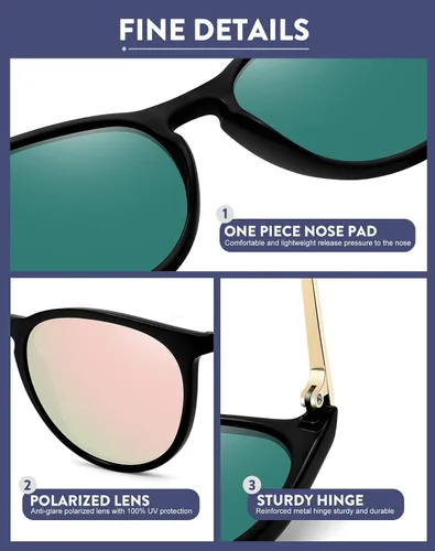 Vista 4 de WOWSUN Lentes de sol polarizados para mujer, estilo vintage, retro, redondos, espejados
