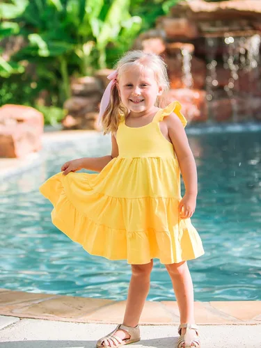 Vista 6 de Vieille Vestido de verano para niñas pequeñas, con volantes, sin mangas, casual, vestido de playa, escalonado, vestido de princesa para 2-8 años