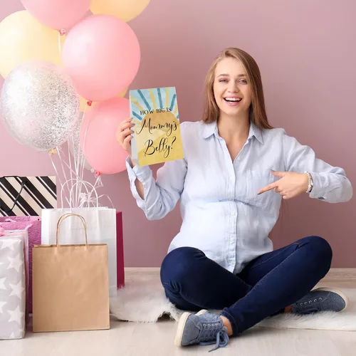 Vista 24 de Sabary 64 Piezas Juegos de Baby Shower Incluyen Letrero How Big is Mommy's Belly Sign Measure Bump Game 50 Tarjetas 10 Lápices 3 Cintas Métricas