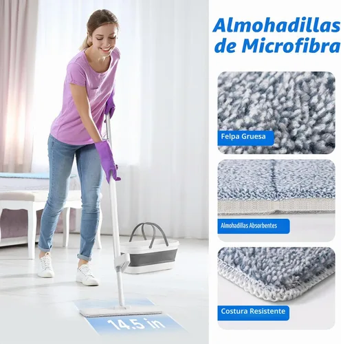 Vista 5 de Oshang Trapeador plano y cubo plegable OG7 con ruedas, 2 almohadillas de microfibra lavables reutilizables, color blanco puro
