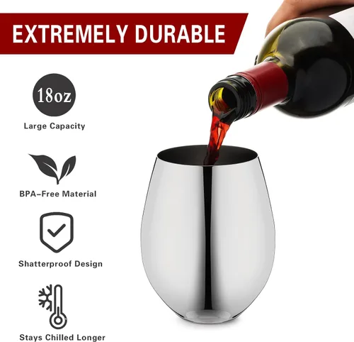 Vista 2 de WOTOR Copas de vino de acero inoxidable sin tallo, 18 onzas, plateadas Plateado