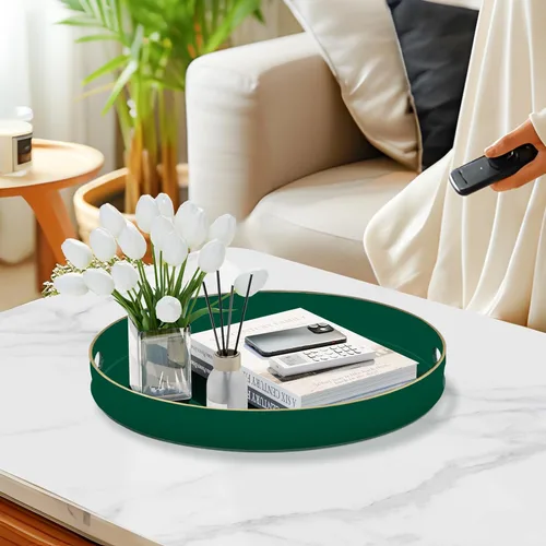 Vista 5 de MAONAME - Bandeja decorativa verde oscuro, bandeja de servir redonda de 13 pulgadas con asas, bandejas de plástico para mesa de café, bandejas