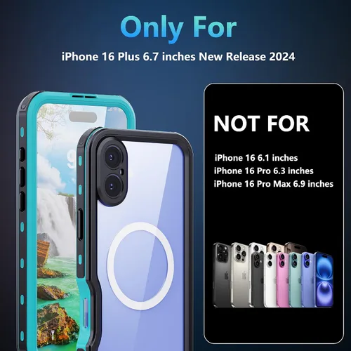 Vista 2 de Funda resistente a prueba de agua para iPhone 16 Plus de 6.7", protector incorporado, negro-verde azulado IP68 6.6FT waterproof, shockproof